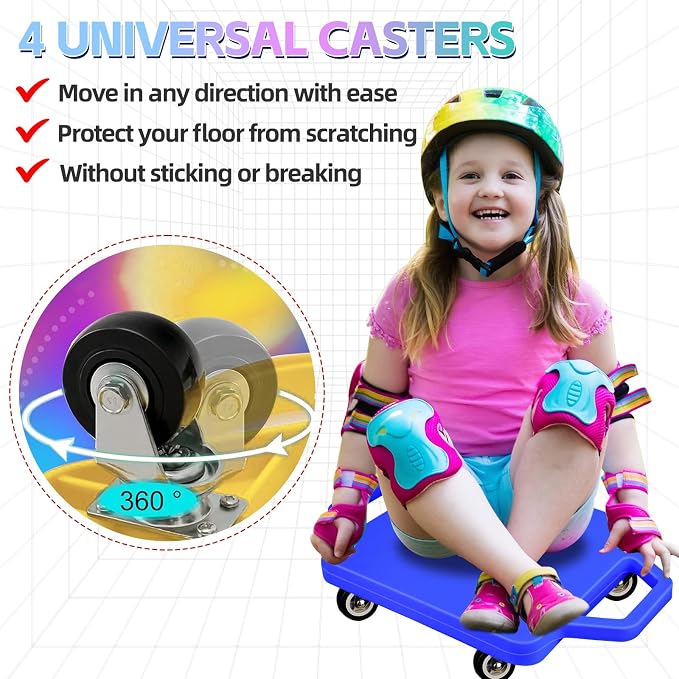 4 Pcs Sports Scooter Board with Handles for Kids Non-Marring Plastic Casters Floor Scooter Board Sitting Scooter Board Boy Girl Gym Indoor Outdoor Activities Play Equipment