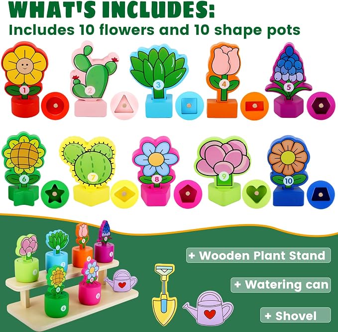 Scuwtocn Wooden Flower Garden Playset with Stand - Color & Shape Sorter | Fine Motor Skills & Number Cognition, Montessori Learning Toy for Toddlers, for 2 3 Year Old Boys and Girls
