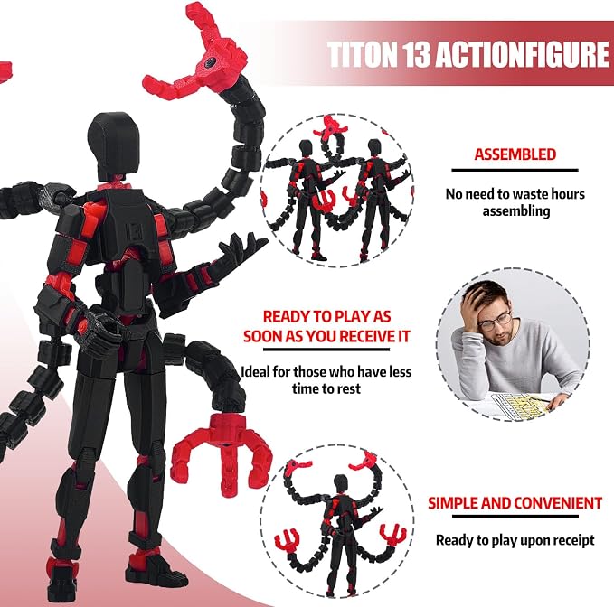 T13 Already Assembled Action Figure Accessories,T13 Multi-Jointed Movable,for Collectors Desktop Decorations t-13 Movability 3D Printed Toys (Black Red, 5.5inch)