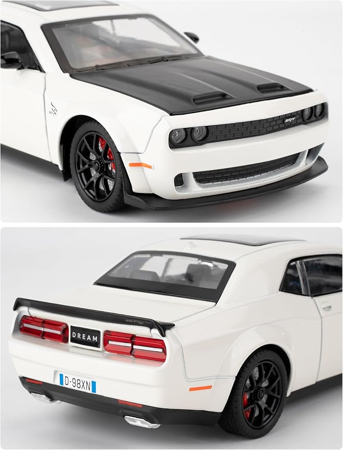 Compatible for 1/24 Dodge Challenger SRT Hellcat Car Model, Collectible Die-Cast Model Car with Lights and Sounds,Pull Back Car Toy for Adults Kids Birthday Gifts Decoration (White)