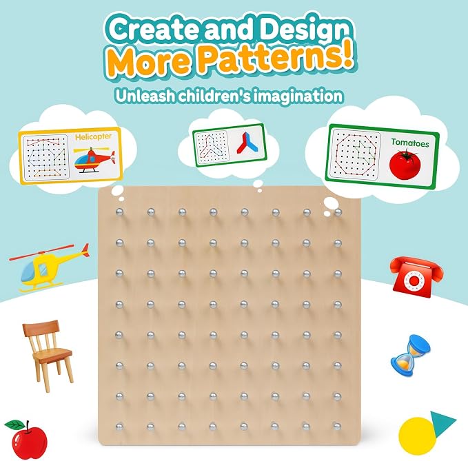Wooden Geoboard for Kids - Montessori STEM Educational Toy with Pattern Cards & Rubber Bands,Early Fine Motor Skill Learning Shape Puzzle & Brain Teaser Geo Board for Boys Girls Ages 3+