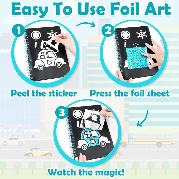 FUNNYB&G Foil Art Craft Kit for Boys 4-10 Years Old: Mess-Free & No-Glue, Create 16 Sparkly Vehicle Pictures – Perfect Travel Toy & Birthday Gift for Kids (Vehicle)