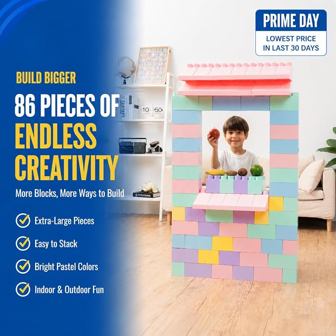 PLATPORTS 86-Piece Pastel Jumbo Big Blocks – Giant XL Pastel Building Blocks for Kids Ages 2–8, Large Plastic Construction Set for Indoor & Outdoor Play