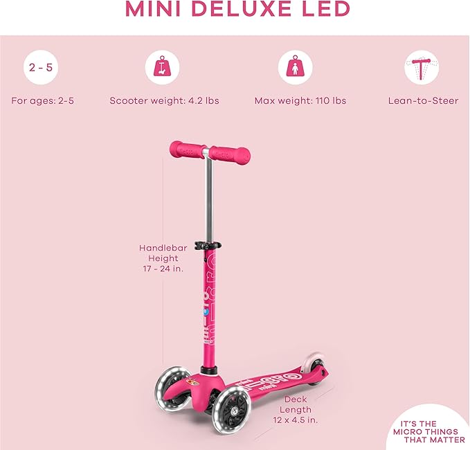 Micro Kickboard | Mini LED Kids Scooter for Ages 2-5 | Children up to 110 lbs | 3 Wheel Lean-to-Steer Design | Adjustable T Bar | Smooth Ride, Motion Activated PU LED Wheels | Swiss Design
