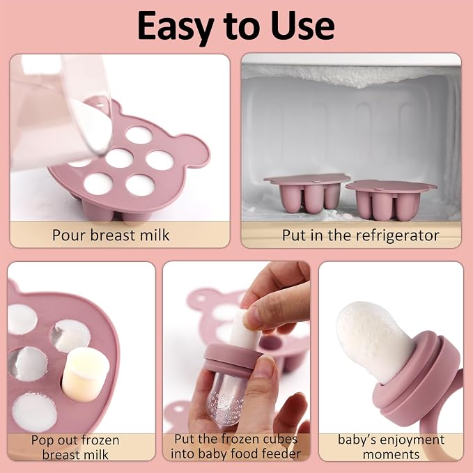 Silicone Baby Fruit Food Feeder & Mini Freezer Nibble Tray, Breastmilk Popsicle Molds for Baby Teething Relief, BPA Free Silicone Teething Toys Feeder for Safe Infant Self Feeding, Extra Food Pouches