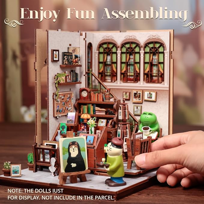 Cutefun Book Nook Kit - DIY Miniature Dollhouse Kit for Adults and Teens, 3D Wooden Puzzle Bookshelf Insert Decor with LED Light, Gifts for Book Lovers and Beginners (Gallery Bookstore)