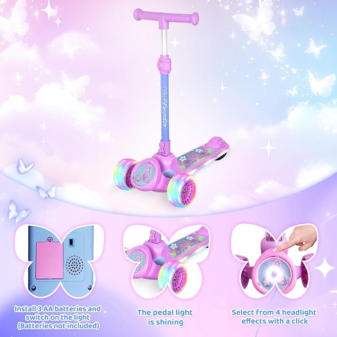 Nattork Kids Scooter for Girls with Light Up Wheels, Deck and Headlight, Wide Anti-Slip Deck and T-bar Handle with Rear Foot Brake, Adjustable Height 3 Wheel Scooter for Kids Ages 3+ and up to 220Lbs