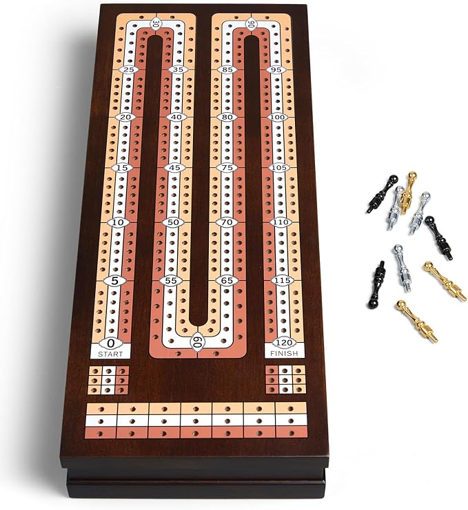 BIVOMON Wooden Cribbage Board Game Set with Large Storage Area, 3 Track Cribbage Board, 9 Metal Pegs｜2 Playing Cards｜Magnetic Lock, Family Travel Portable Tabletop Game for Adults & Kids (Instruction)