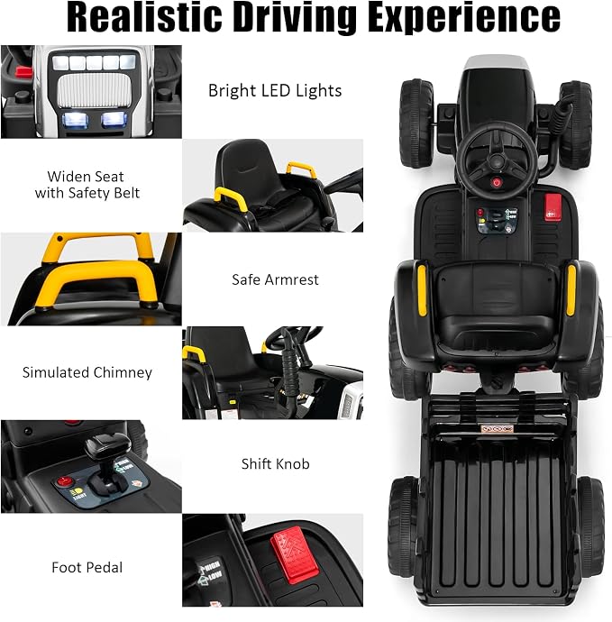 Costzon Ride on Tractor with Detachable Trailer, Kids' Electric Vehicles w/3-Gear-Shift Ground Loader, Wireless Design & USB, 7 LED Headlights, Remote Control Tractor Toy for Kids 3+ (12V, Black)