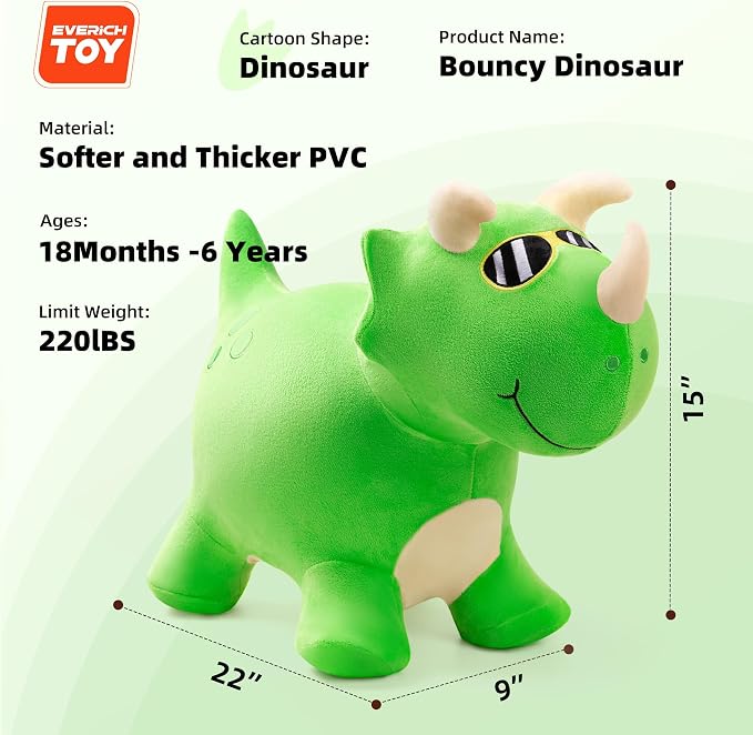 Bouncy Dinosaur Hopper Toys, Inflatable Bouncing Animal Hopping Horse, Outdoor Indoor Ride on Bouncer, Boys Girls Birthday Gift for 18 Month 2 3 4 5 6 Year Old Kid- Plush Dinosaur Toy
