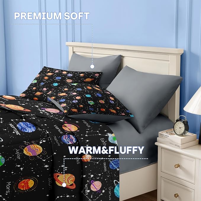 Nesker 7 Pcs Comforter Set Full Size, Cute Space Galaxy Bedding for Kids Teen, Planets Moon Stars with Fitted Sheet 2 Pillowcases & 2 Shams for Bedroom Bed Decor