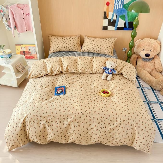 LIWHENHAO Mushroom Duvet Cover Set Queen 100% Cotton Bedding Cartoon Brown Mushroom Red Flowe on Beige 1 Cute Kawaii Plant Garden Comforter Cover Full 2 Pillowcases for Kids Girls Boys Woman
