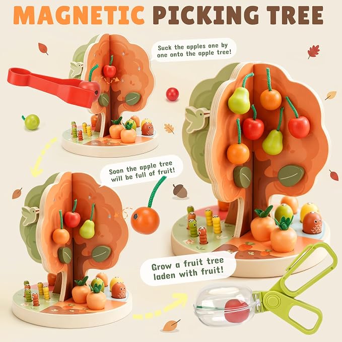 Joyreal Montessori Toys for 3-5 Year Old - 9-in-1 Wooden Magnetic Apple Tree Toy with Radish Pulling Fishing Game, Fine Motor Skills Sensory Educational Toy for Toddlers, Preschool Gift for Boys Girls