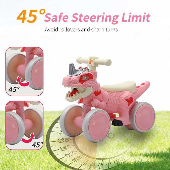 Dinosaur Balance Bike for 1-3 Year Olds, 4-Wheel No-Pedal Bike for Walker, Ride on Toys for Toddlers with Music and Mist Spray, First Birthday Gift for Boys & Girls (Pink)