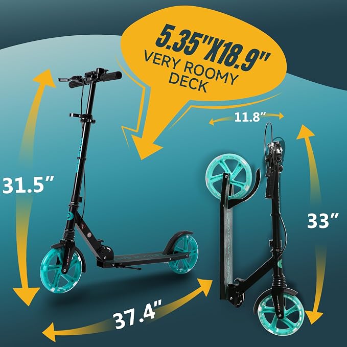 Kick Scooter for Kids Ages 8+ Teens & Adults, with Front handbrake and Rear Brake, and Adjustable Handlebars, Big Sturdy PU Flash Wheels Great Gift & Toy