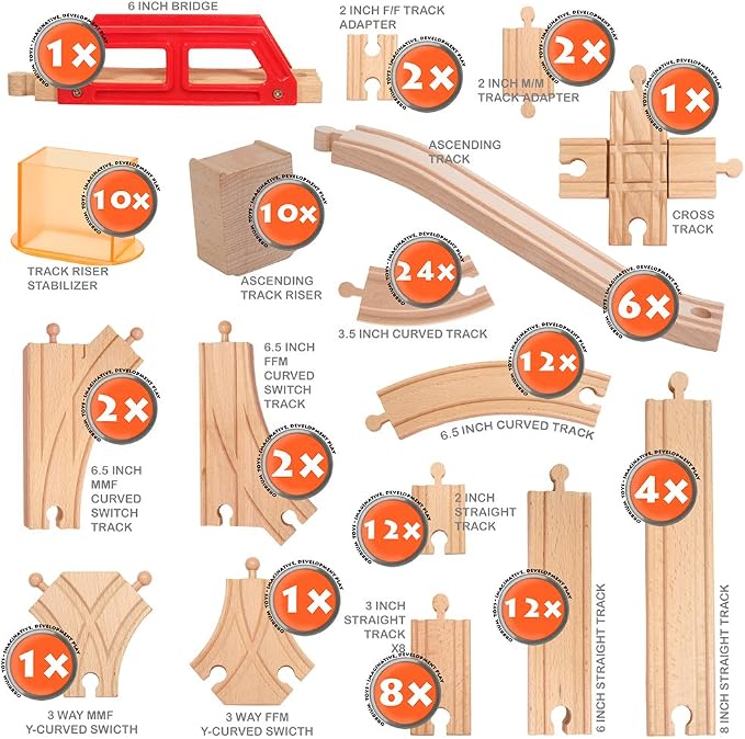 110 Pieces Wooden Train Tracks Expansion Pack with Bridges, Tunnel, Ascending Tracks, Accessories, Elevated Tracks, Toddler Boys Kids 3-8 Montessori STEM Gift Compatible Thomas, Brio Wooden Railways