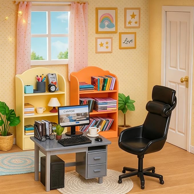 1:12 Scale Doll House Mini Computer Office Desk Furniture Accessories Set | Accessories for dollhouse: storage cabinets, books, desk lamps, eyeglasses, headsets, cell phones and game controllers