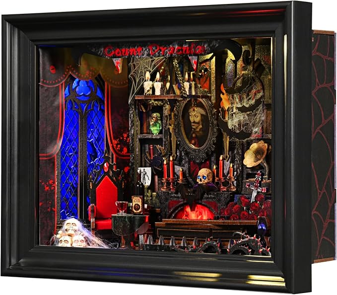 Book Nook Kit-3D Wooden Puzzle with LED Switch Control & Wall-Mountable Frame,DIY Miniature House for Beginners,Bookshelf/Tabletop/Wall Decor for Craft Lovers,Dollhouse Gift,Count Dracula