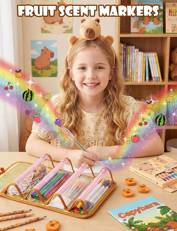Defresit 129 PCS Washable Markers Set- Capybara Gifts for Girls, Art Supplies for Kids with Glitter Pencil Case, Coloring Kits for Kids, Ideal Gifts for Birthday Christmas Back to School
