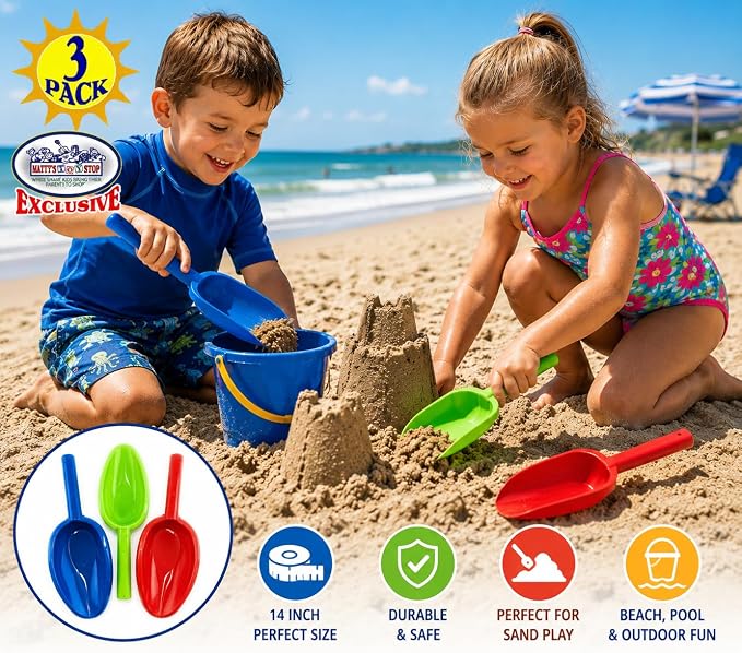 Matty's Toy Stop Kids Sand Shovels for Beach & Sandbox – 3 Pack 14" Long Handle Plastic Sand Scoops, Red Blue Green, Outdoor Beach Toys for Boys & Girls