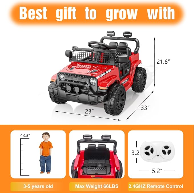12V Ride on Car with Parent Remote Control, Toddler Electric Car with Spring Suspension, LED Lights & Music Player - Safe Battery Toy for Kids, Christmas & Birthday Gift, Red