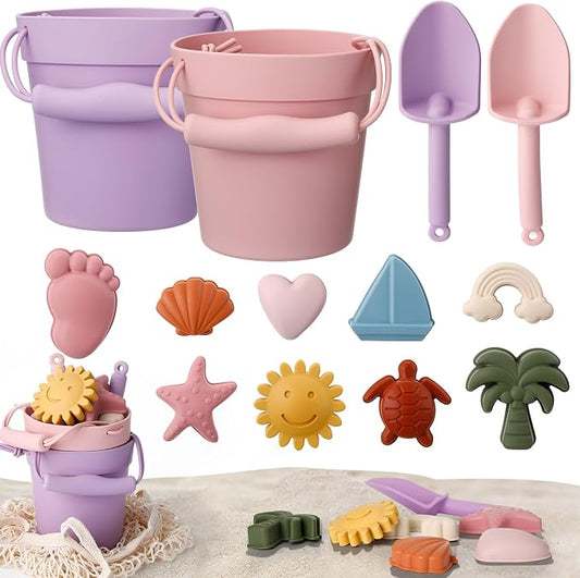 Hungdao 14 Pcs Silicone Beach Toys Travel Beach Set Sand Toys Include 2 Silicone Bucket Pail, 2 Shovel, 9 Sand Molds, 1 Beach Bag for Boys Girls Summer Pool Outdoor Bath Toys (Pink, Purple)