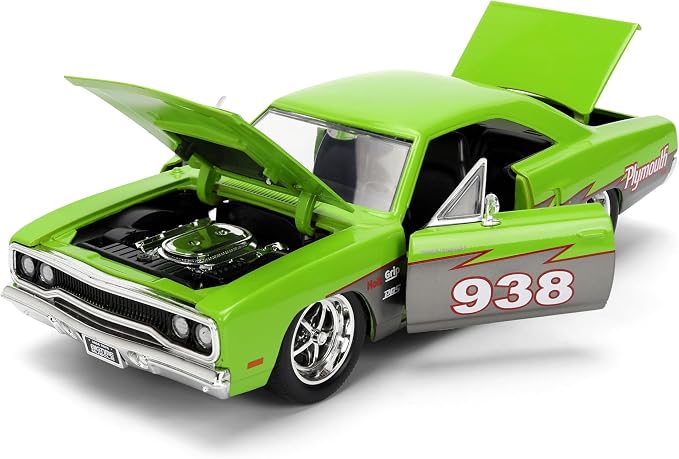 Jada Toys Bigtime Muscle 1:24 1970 Plymouth Road Runner Die-cast Car – Opening Doors, Hood, Trunk, Rubber Tires(Glossy Green)