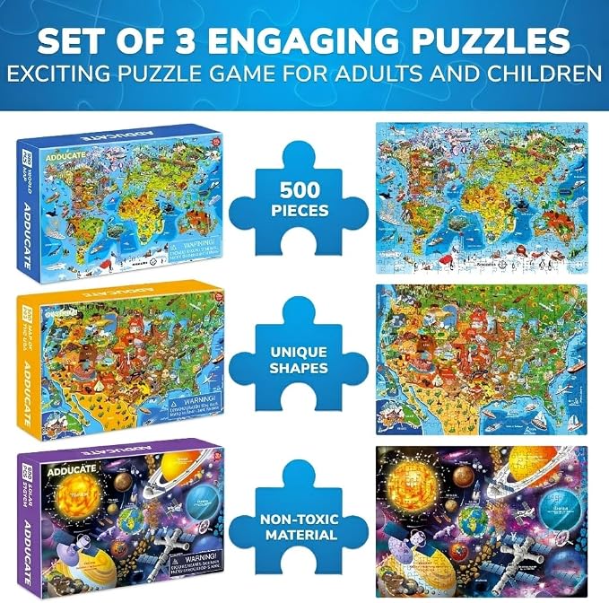 Adducate Puzzles for Adults 500 Pieces - 3 Set Floor Puzzles for Adults - Learning Map of The United States World Space - Educational Games - Toys for 15 Year Old Boys and Girls