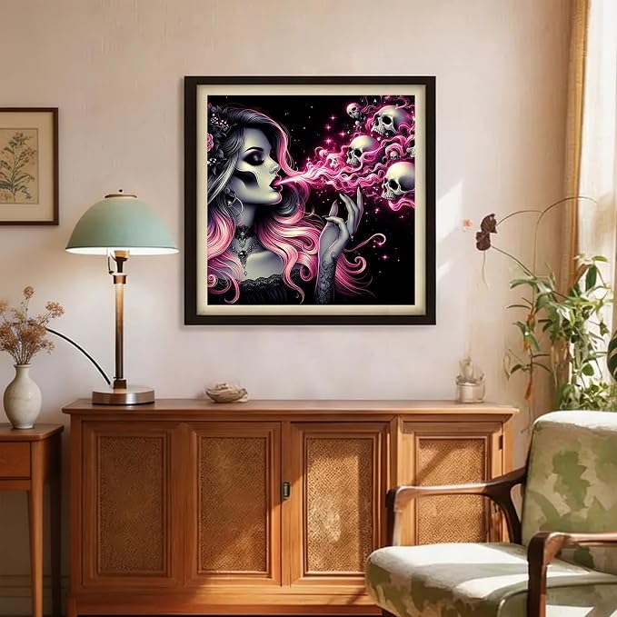 CHWGLFGG 5D Full Round Drill Diamond Painting Kit for Adults, Gothic Sugar Skull Woman Pink Smoke Skull Diamond Art Canvas, DIY Paint by Diamonds Dot Gem Craft 13.8x13.8 Inch for Home Wall Decor