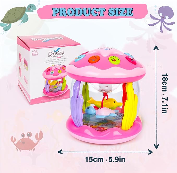 M SANMERSEN Baby Girl Toys 12 Months - Babies Ocean Rotating Projector Light Up Musical Toys for 12-18 Months Crawling Learning Tummy Time 1 2 Years Old Infant Boys Girls Pink