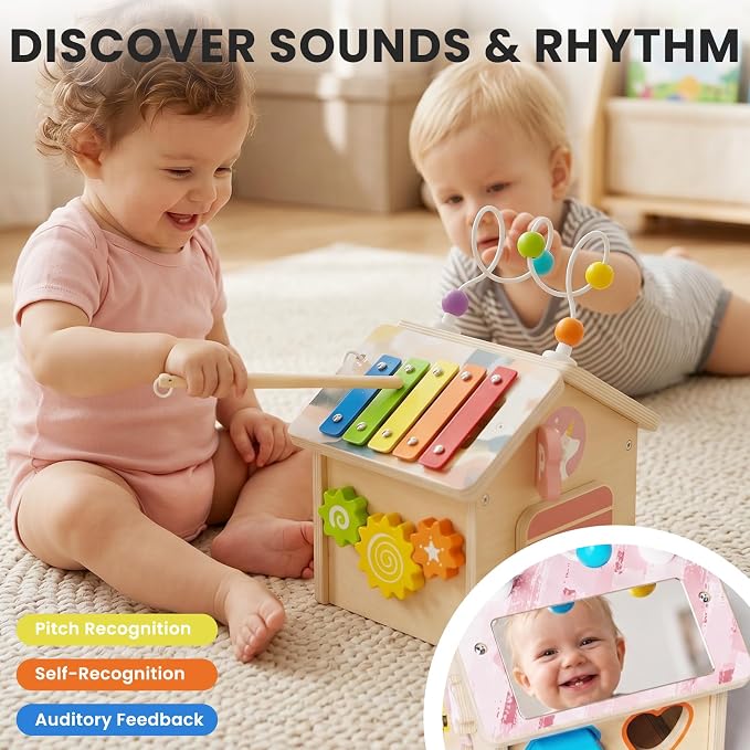 9-in-1 Wooden Activity Cube, Montessori Baby Activity Center Toys for 1+ Year Old Boys & Girls, Unicorn Theme Baby Cube with Car Toys & Shape Sorter, Educational Toy for Toddlers, Ideal Baby Gift