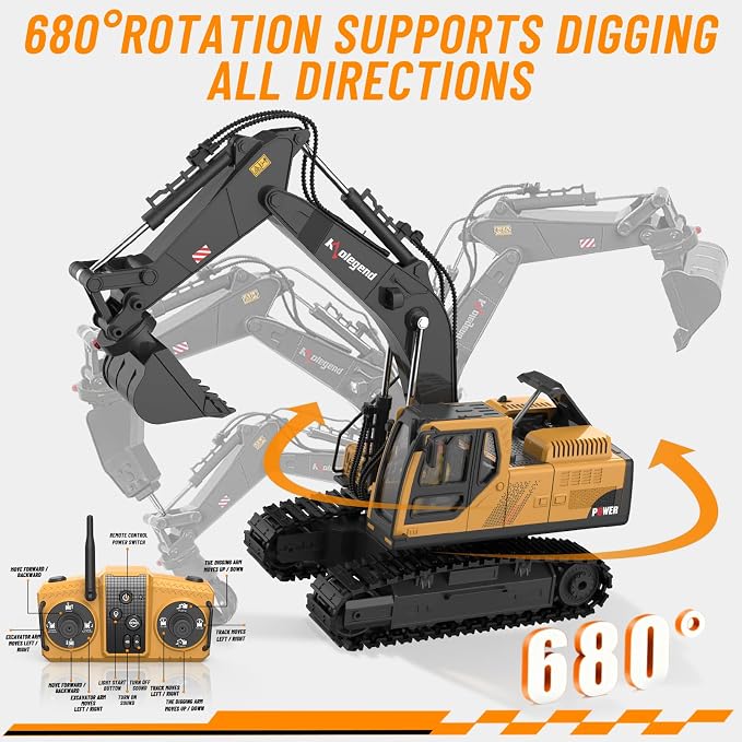 kolegend 3 in 1 Remote Control Excavator Toy 14 Channel RC Excavator Toy for Boys 3-12 with Bucket/Claw/Drill 2.4GHz Full Functional Construction Vehicles Toys Gift for 6 7 8 9 10 Years Old Kids Boys
