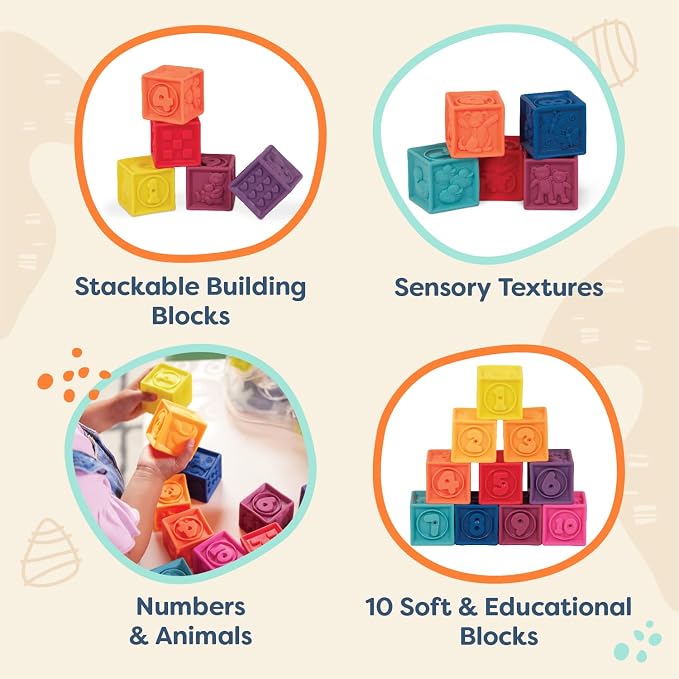 B. toys – Baby Blocks – Stacking & Building Toys for Babies – 10 Soft & Educational Blocks – Numbers, Shapes, Colors, Animals – One Two Squeeze – 6+ Months