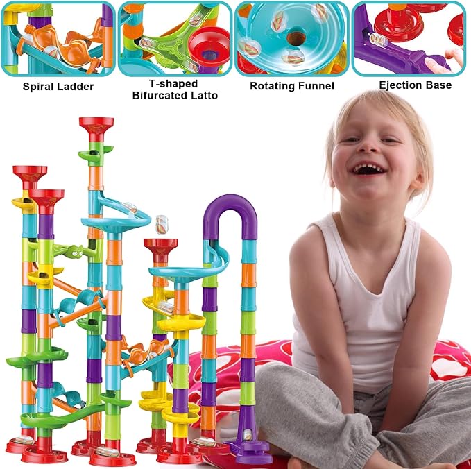 142 PCS Marble Toy Premium Set,STEM Educational Building Block Toy,Marble Track Race Set with 30 Glass Marbles for Boys & Girls,Construction Building Blocks Toys for Kids