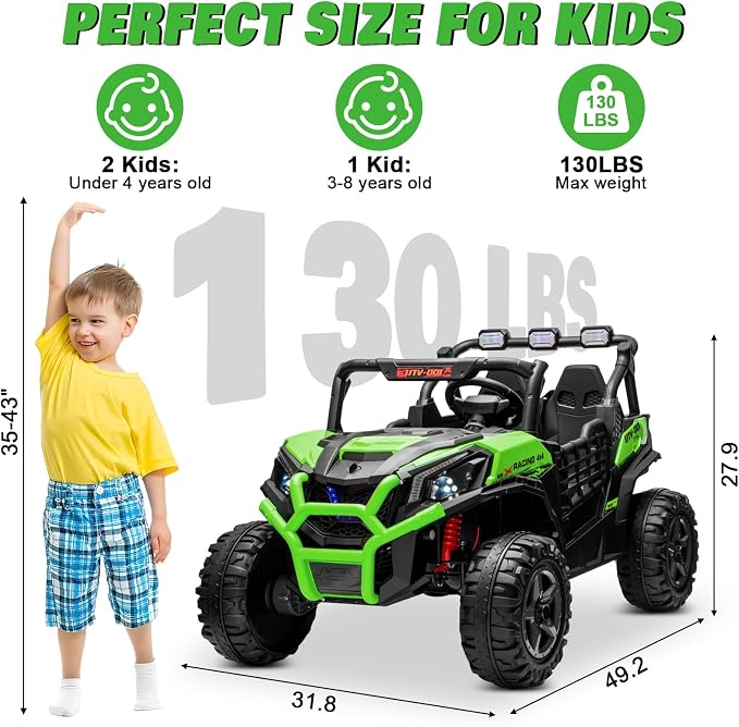 24V 2 Seater Ride on Car for Kids, MOEYURO 800W Powered UTV Toy, 5MPH Large Side by Side Electric Car w/Remote, Bluetooth, LED Light, 3 Speeds, Music, Spring Suspension, Storage for 3-8 Gift, Green