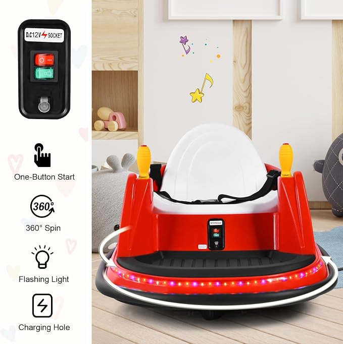 Costzon Bumper Car for Kids, 12V Electric Toddler Bumping Car with Remote Control, Dual Joysticks, 360 Spin, Music, Flashing Lights, Slow Star, Toddler Bumper Car Ride on Toy for Boys Girls Gift (Red)