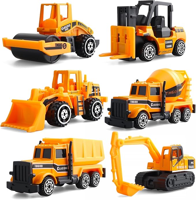 6 Pack Diecast Construction Vehicles Toys - Mini Digger Cake Toppers - Bulldozer Dump Truck Small Toy Car Set for Kids Children Boys Girls - Gifts for 3 4 5 6 7 Year Olds