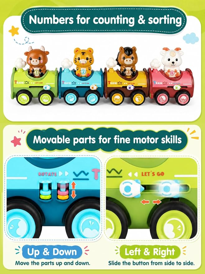 4 Pack Magnetic Connect & Press to Go Car Toys, Animal Finger Puppet Race Cars, Fine Motor Skill Toddler Toys 1-3, Push Down Friction Vehicle Set, Gifts for Baby Boys Girls 12-18 Months