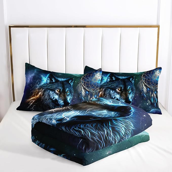 AILONEN Wolf Dream Catcher Comforter Set Twin Size, Blue Galaxy Wolf Bedding Set for Boys, Outer Space Comforter Sets Wild Animals Duvet Set 3 Pieces, 1 Quilt and 2 Pillowcases