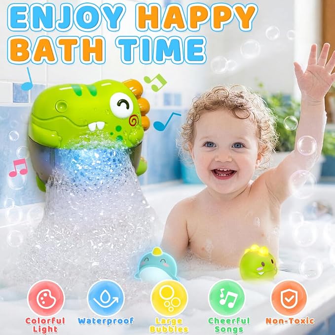 Light Up Dinosaur Bath Toys for Kids Ages 1-3 4-8, Bath Bubble Machine with Music, Bubble Maker for Bathtub, Floating Animal Bathtub Water Toys for Toddlers 2 3 4 5 Year Old Boys Girls Birthday Gift