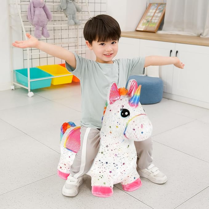 INPANY Unicorn Bouncy Horse Toys, Inflatable Unicorn with Rainbow Plush | Soft Washable Cover, Thick PVC, Stable 4-Leg Base, Cute Unicorn, Easy Inflation, Indoor & Outdoor Play, Gifts for 2-4 Kids