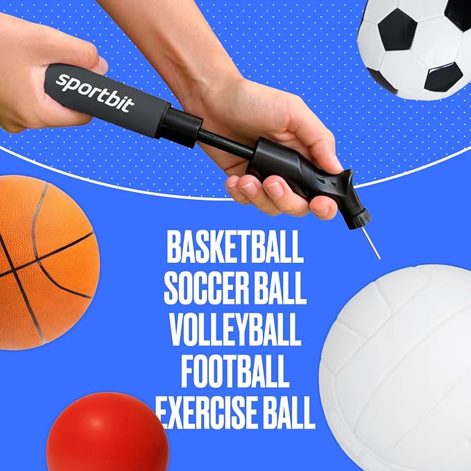 SPORTBIT Ball Pump for Sports Balls - Push & Pull Inflating System - Hand Pump for Exercise Balls - Volleyball Pump, Basketball Inflator, Ball Air Pump - Goes with 5 Needles Set