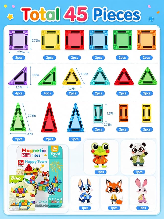 45PCS Mini Magnetic Tiles for Kids Ages 3-8, Travel Magnetic Building Blocks Set with 5 Cartoon Animal Figures, STEM Toys for Boys Girls, Portable Tin Case, Rabbit Panda Frog Fox Wolf