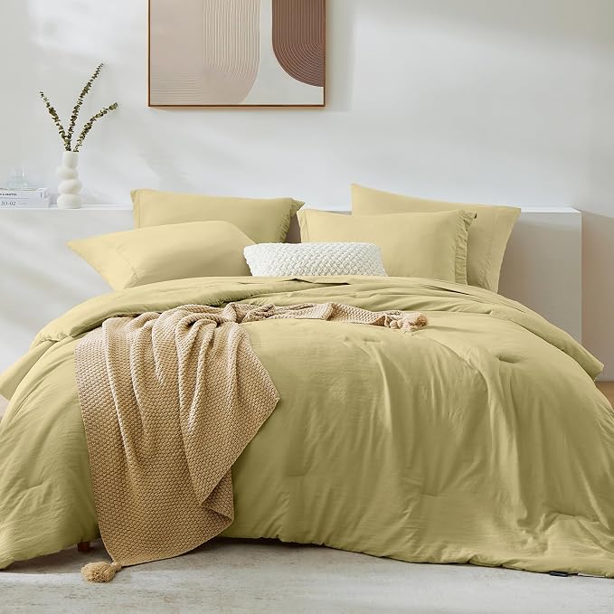 WRENSONGE Queen Comforter Set - 7 Pieces Hemp Soft Bed in a Bag Queen with Fitted Sheet, Flat Sheet, 2 Pillow Shams, and 2 Pillowcases- Warm Bedding Sets for All Season
