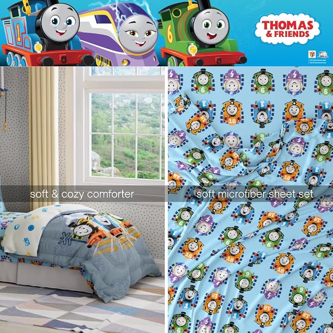Thomas & Friends 4 Piece Toddler Bed Set – Super Soft & Cozy Reversible Microfiber Comforter and Sheets (Officially Licensed Product) By Franco