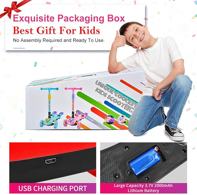 3 Wheel Scooter for Kids, Toddler Scooter with Bluetooth Music Speaker Steam Sprayer LED Lights Aluminum Alloy T-Bar, Folding Kick Scooters for Boys Girls Ages 3-10