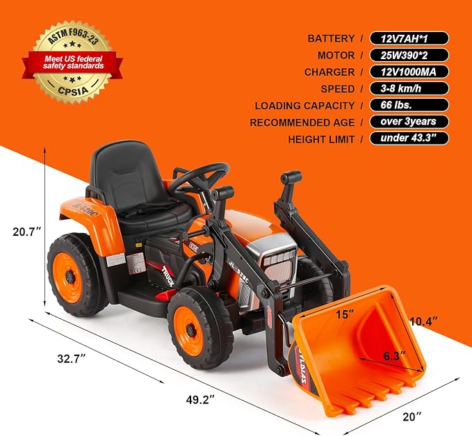 JOYLDIAS Ride On Excavator, 12V Electric Construction Vehicle Bulldozer/Tractor for Kids Digger with Remote Control, 3 Speeds, Bluetooth, Music, Lights, Orange