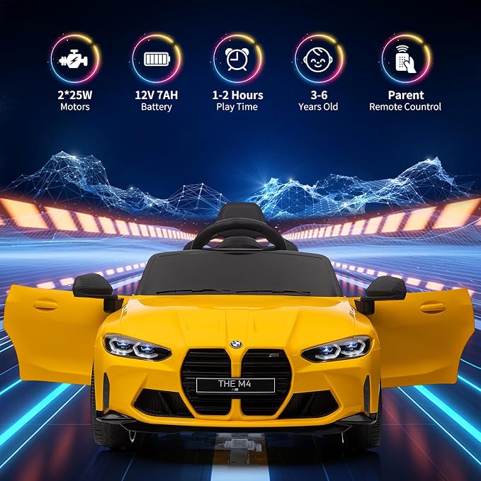 12V Ride On Car for Kids，Licensed BMW M4 Battery Powered Vehicle Car for Boys and Girls, with Remote Control,3 Speed,Led Light (Yellow)