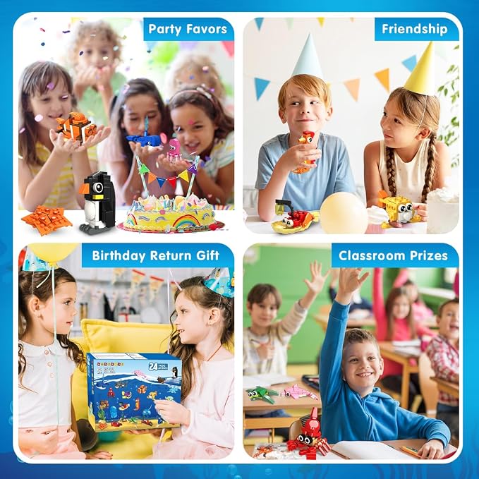 HOGOKIDS 24 Pack Party Favors for Kids Building Set - 629PCS Mini Marine Animals Blocks Toy for Easter Valentines Day Goodie Bag Stuffers Classroom Prizes Gifts fo Kids Boy Girl Student Ages 6-12
