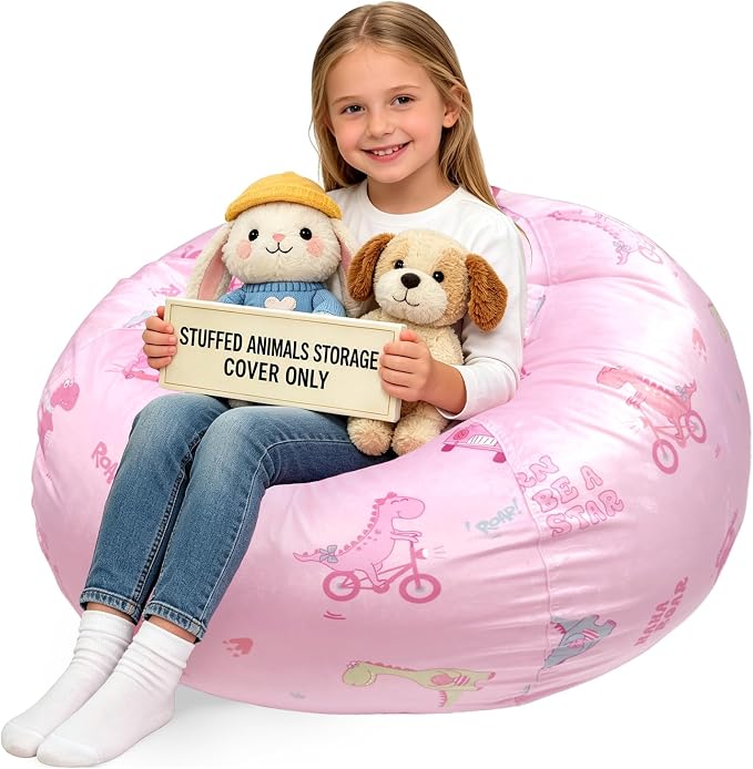 Lukeight Dinosaur Stuffed Animals Storage Bean Bag Chair Cover for Kids, Cozy Velvet Plush Toy Organizer Seat, Cover Only, No Filling Included, Long YKK Zipper, Side Pocket, X-Large 30 x 18 in